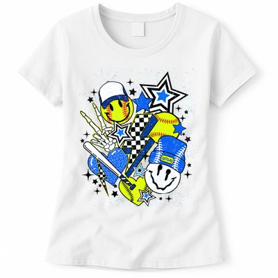 retro softball Vibes Funny softball Smile Face Meme Womens T-Shirt