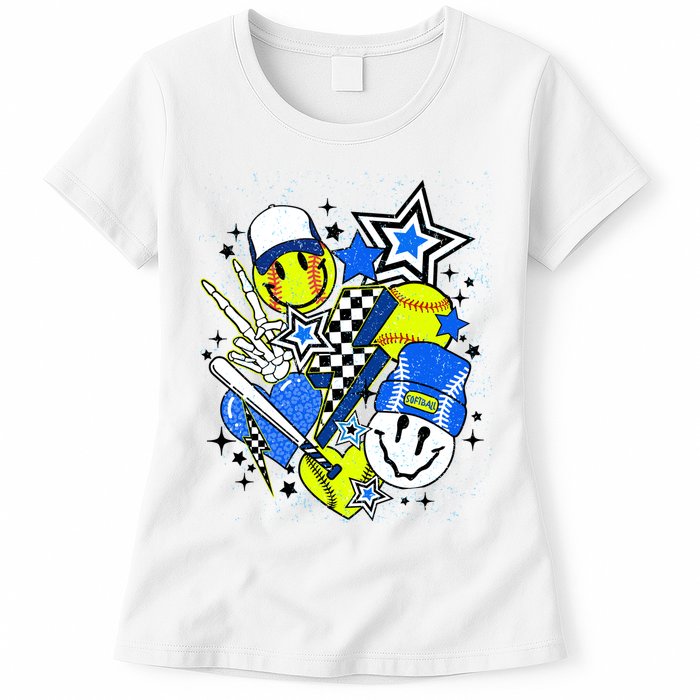 retro softball Vibes Funny softball Smile Face Meme Womens T-Shirt