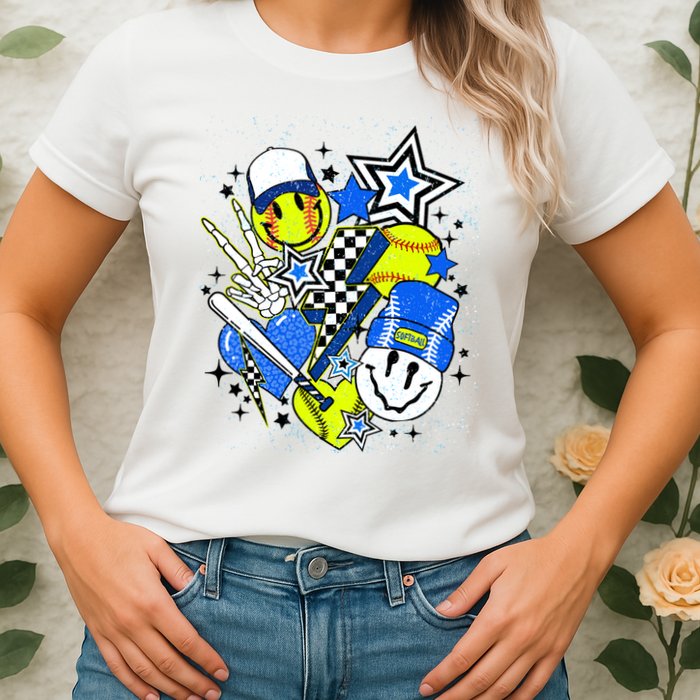 retro softball Vibes Funny softball Smile Face Meme Womens T-Shirt
