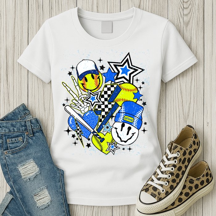 retro softball Vibes Funny softball Smile Face Meme Womens T-Shirt