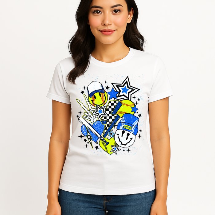 retro softball Vibes Funny softball Smile Face Meme Womens T-Shirt