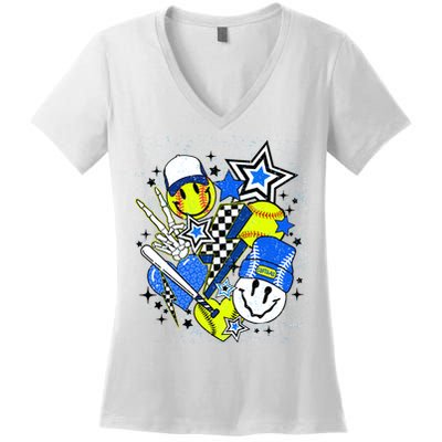 retro softball Vibes Funny softball Smile Face Meme Women's V-Neck T-Shirt
