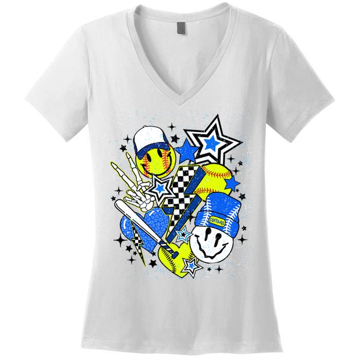 retro softball Vibes Funny softball Smile Face Meme Women's V-Neck T-Shirt
