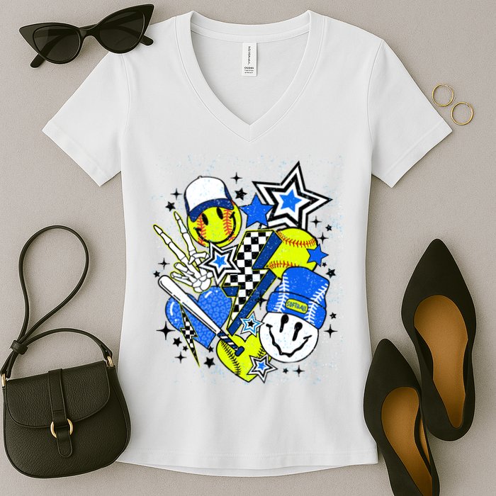retro softball Vibes Funny softball Smile Face Meme Women's V-Neck T-Shirt