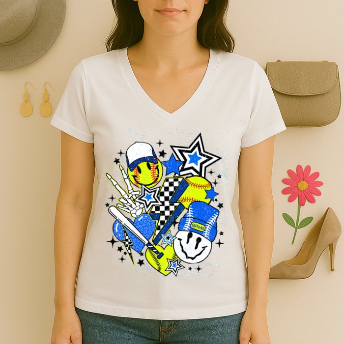 retro softball Vibes Funny softball Smile Face Meme Women's V-Neck T-Shirt