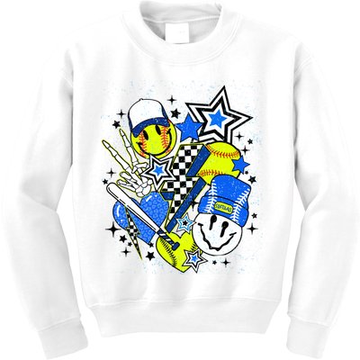 retro softball Vibes Funny softball Smile Face Meme Kids Sweatshirt