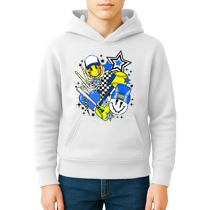 retro softball Vibes Funny softball Smile Face Meme Kids Hoodie