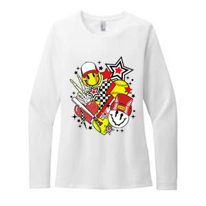 retro softball Vibes Funny softball Smile Face Meme Womens CVC Long Sleeve Shirt