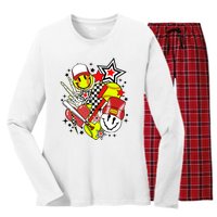 retro softball Vibes Funny softball Smile Face Meme Women's Long Sleeve Flannel Pajama Set 