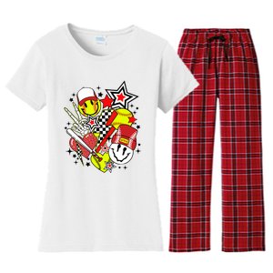 retro softball Vibes Funny softball Smile Face Meme Women's Flannel Pajama Set