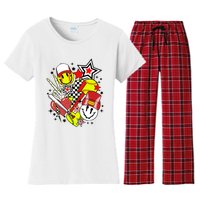 retro softball Vibes Funny softball Smile Face Meme Women's Flannel Pajama Set