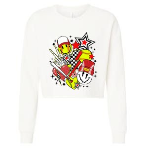 retro softball Vibes Funny softball Smile Face Meme Cropped Pullover Crew