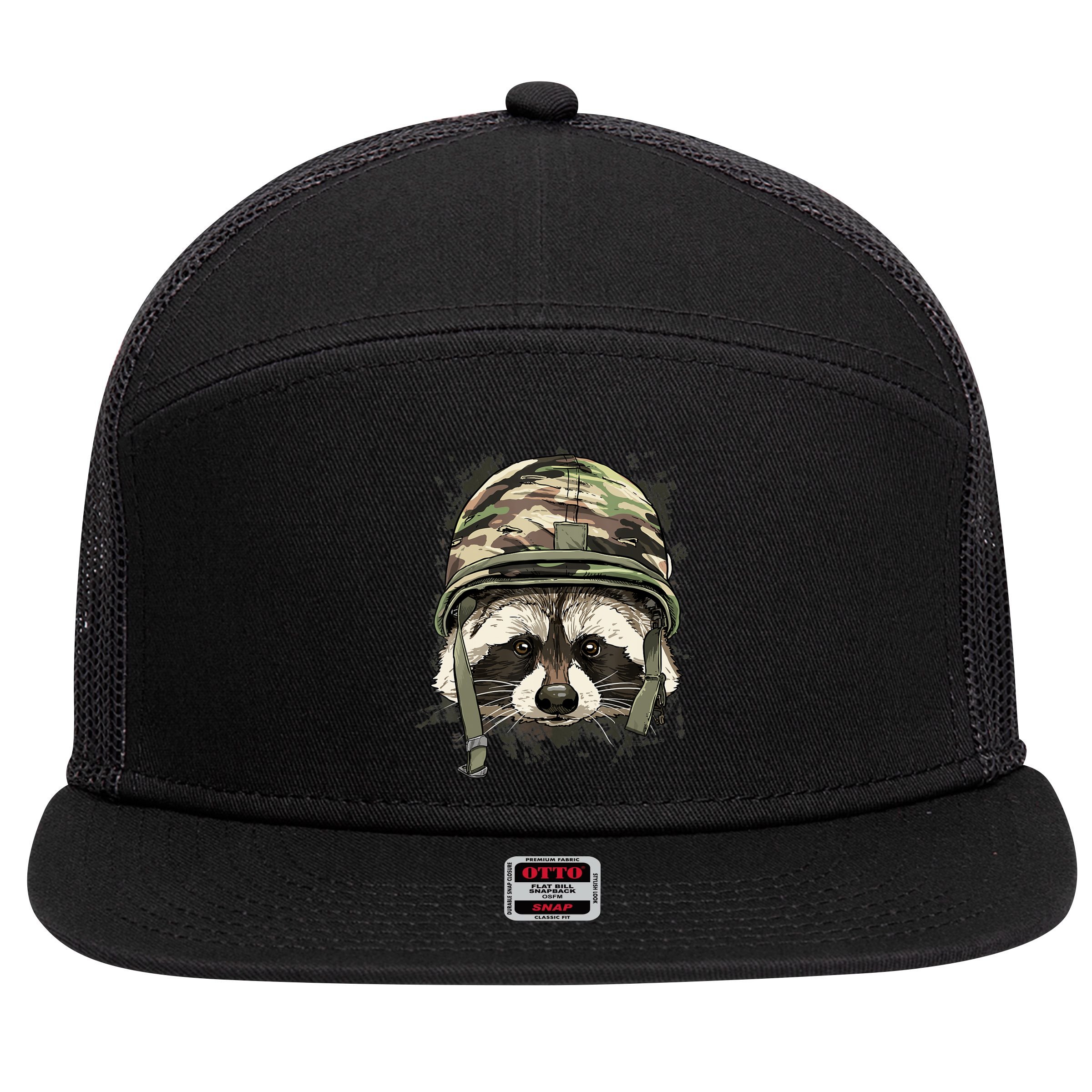 Raccoon Soldier Veteran Army Raccoon American Animal Lover 7 Panel Mesh Trucker Snapback Hat