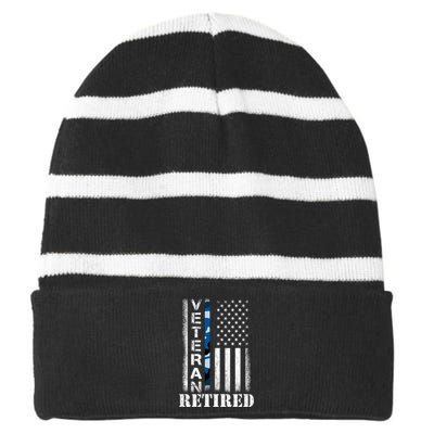 Retired Sailor Veteran Gift Retirement Soldier Patriotic Flag Gift Striped Beanie with Solid Band