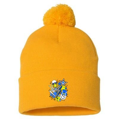 Retro Softball Vibes Funny Softball Smile Face Meme Pom Pom 12in Knit Beanie