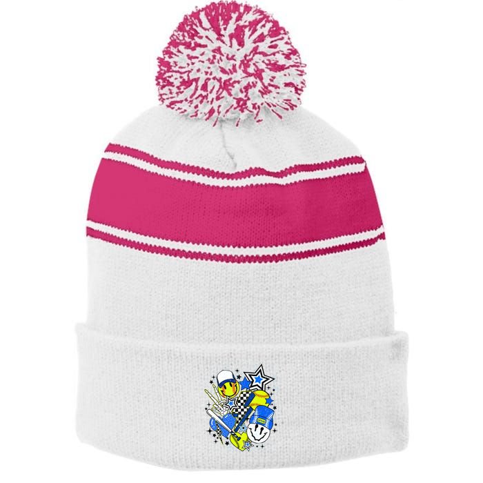 Retro Softball Vibes Funny Softball Smile Face Meme Stripe Pom Pom Beanie