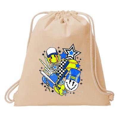 Retro Softball Vibes Funny Softball Smile Face Meme Drawstring Bag