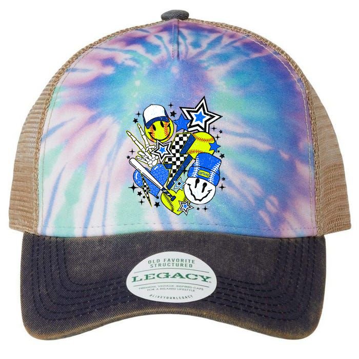 Retro Softball Vibes Funny Softball Smile Face Meme Legacy Tie Dye Trucker Hat