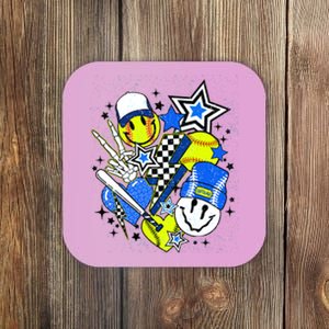 Retro Softball Vibes Funny Softball Smile Face Meme Coaster