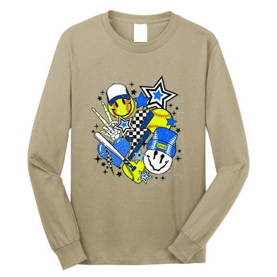 Retro Softball Vibes Funny Softball Smile Face Meme Long Sleeve Shirt