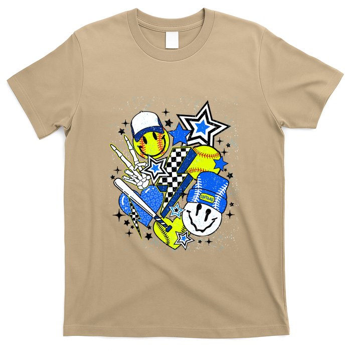 Retro Softball Vibes Funny Softball Smile Face Meme T-Shirt