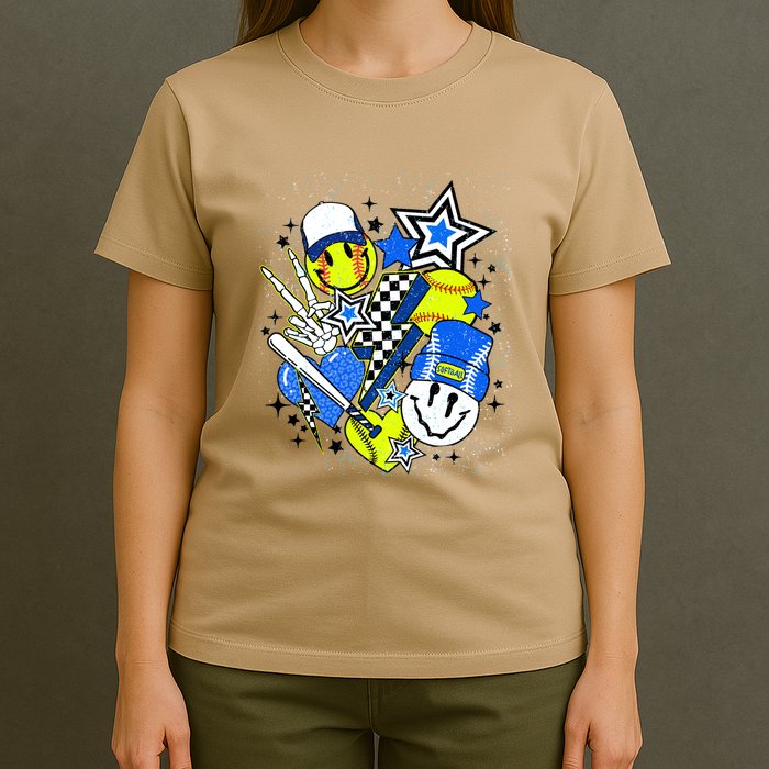 Retro Softball Vibes Funny Softball Smile Face Meme T-Shirt