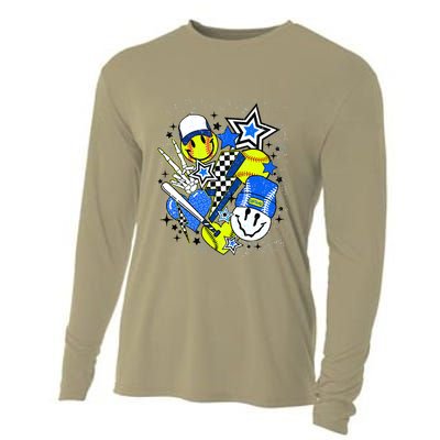 Retro Softball Vibes Funny Softball Smile Face Meme Cooling Performance Long Sleeve Crew