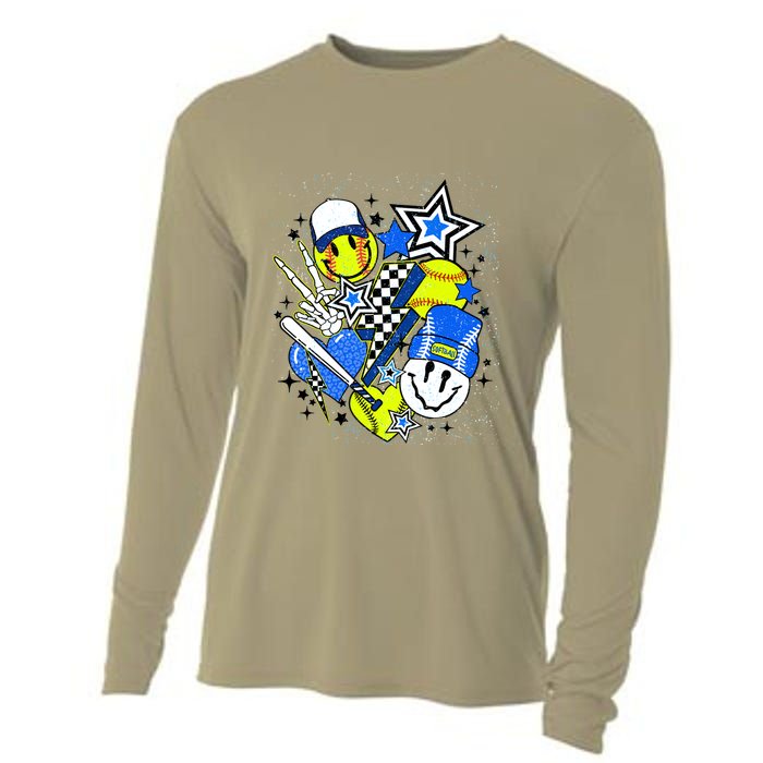 Retro Softball Vibes Funny Softball Smile Face Meme Cooling Performance Long Sleeve Crew