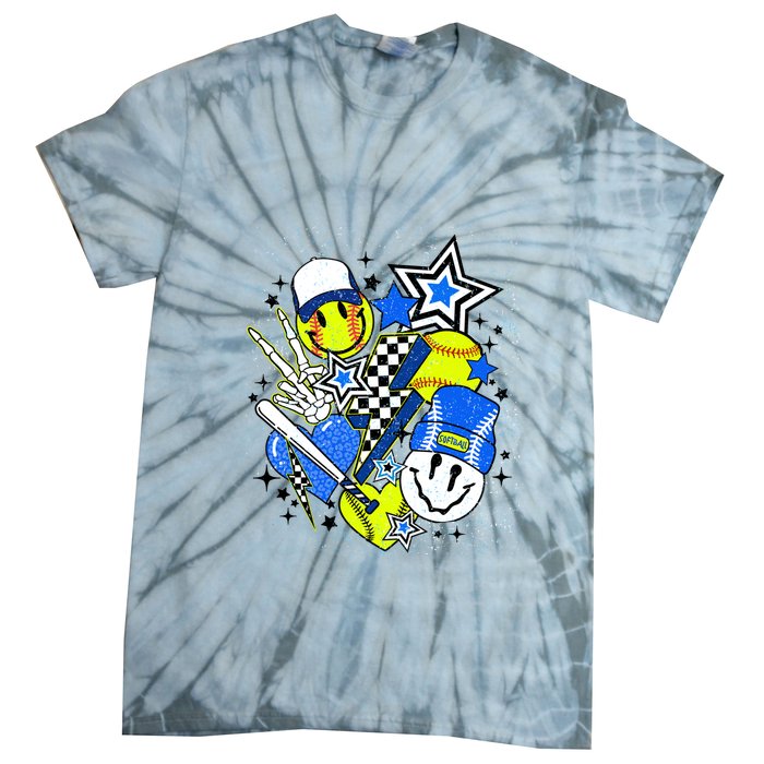 Retro Softball Vibes Funny Softball Smile Face Meme Tie-Dye T-Shirt