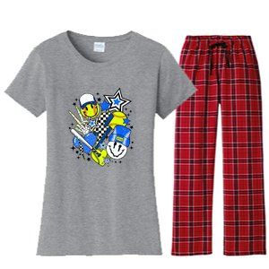 Retro Softball Vibes Funny Softball Smile Face Meme Women's Flannel Pajama Set