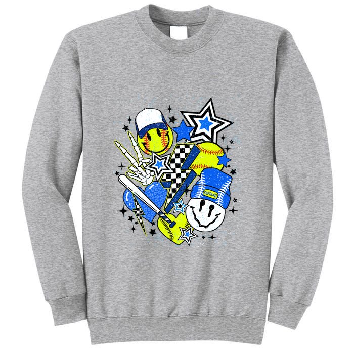 Retro Softball Vibes Funny Softball Smile Face Meme Tall Sweatshirt