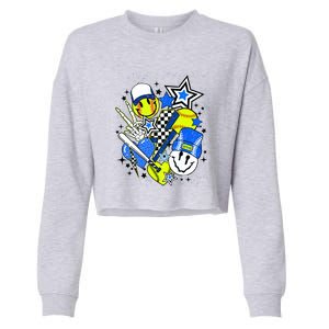 Retro Softball Vibes Funny Softball Smile Face Meme Cropped Pullover Crew