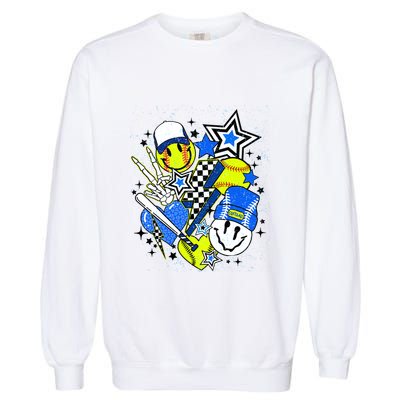 Retro Softball Vibes Funny Softball Smile Face Meme Garment-Dyed Sweatshirt