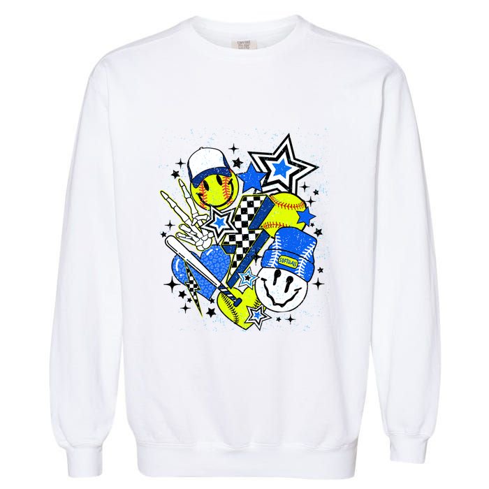 Retro Softball Vibes Funny Softball Smile Face Meme Garment-Dyed Sweatshirt