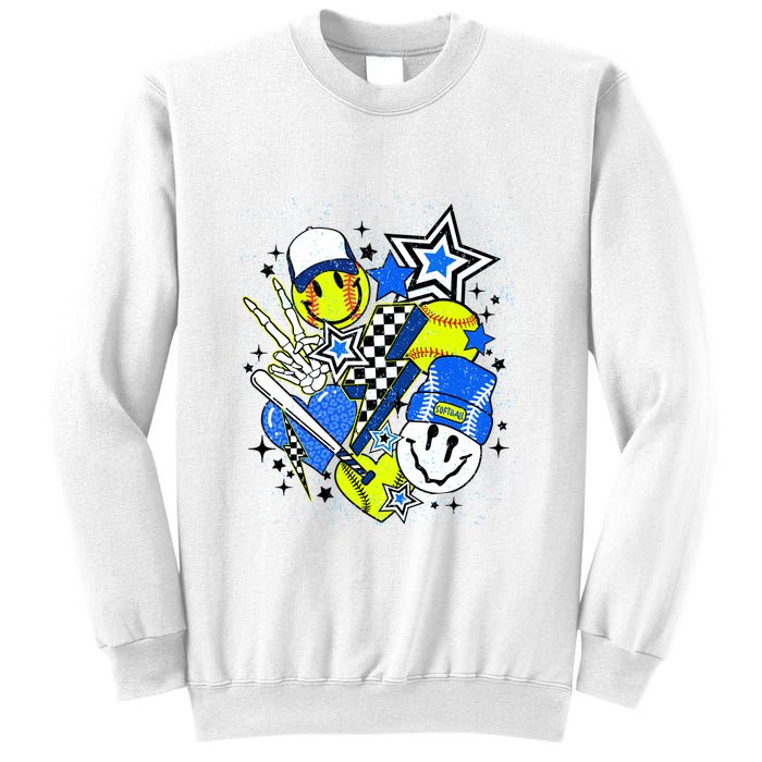 Retro Softball Vibes Funny Softball Smile Face Meme Sweatshirt