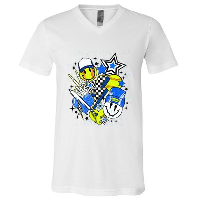 Retro Softball Vibes Funny Softball Smile Face Meme V-Neck T-Shirt