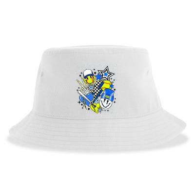 Retro Softball Vibes Funny Softball Smile Face Meme Sustainable Bucket Hat