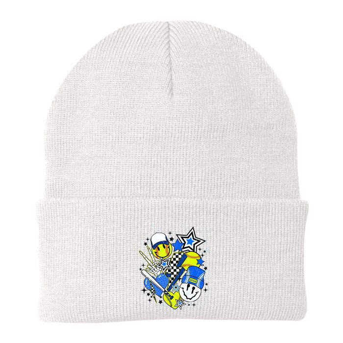 Retro Softball Vibes Funny Softball Smile Face Meme Beanie