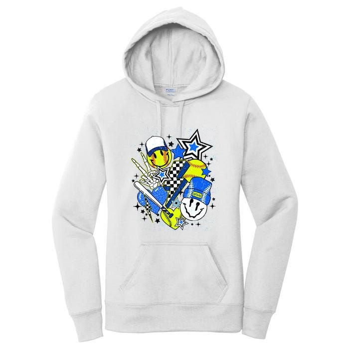 Retro Softball Vibes Funny Softball Smile Face Meme Women's Pullover Hoodie
