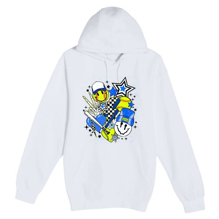 Retro Softball Vibes Funny Softball Smile Face Meme Premium Pullover Hoodie
