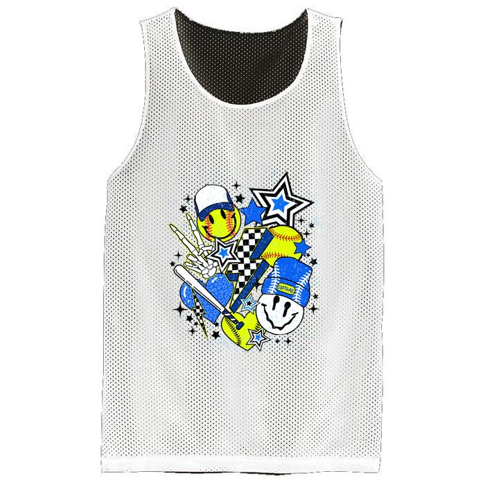 Retro Softball Vibes Funny Softball Smile Face Meme Mesh Reversible Basketball Jersey Tank
