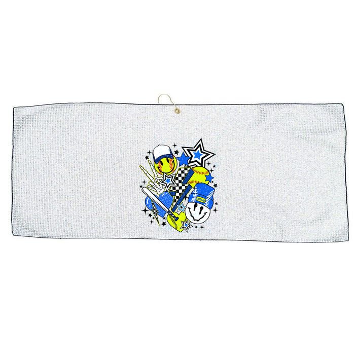 Retro Softball Vibes Funny Softball Smile Face Meme Large Microfiber Waffle Golf Towel