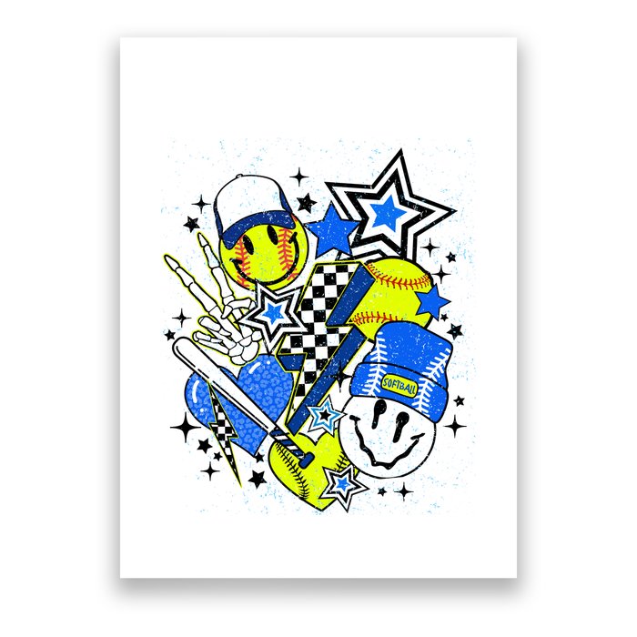 Retro Softball Vibes Funny Softball Smile Face Meme Poster