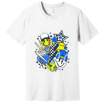 Retro Softball Vibes Funny Softball Smile Face Meme Premium T-Shirt
