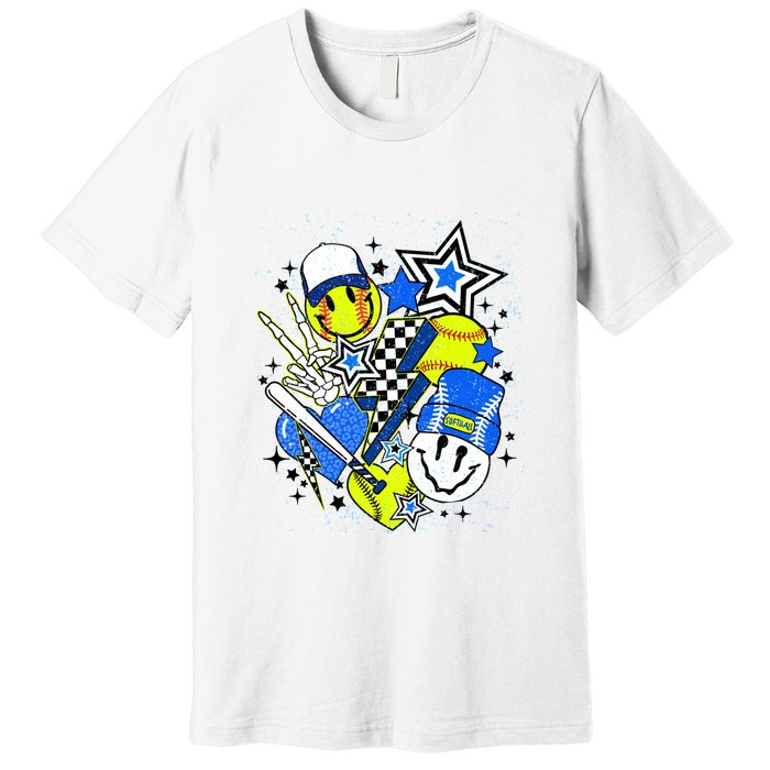 Retro Softball Vibes Funny Softball Smile Face Meme Premium T-Shirt