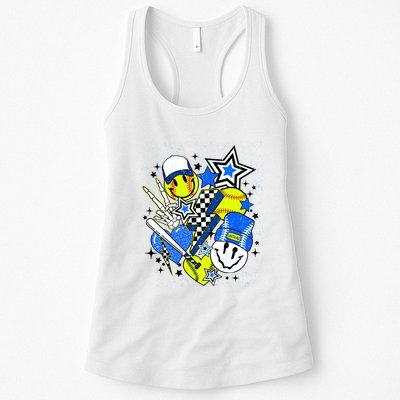 Retro Softball Vibes Funny Softball Smile Face Meme Womens Tank Top