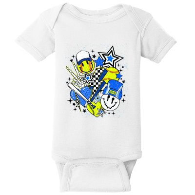 Retro Softball Vibes Funny Softball Smile Face Meme Baby Bodysuit