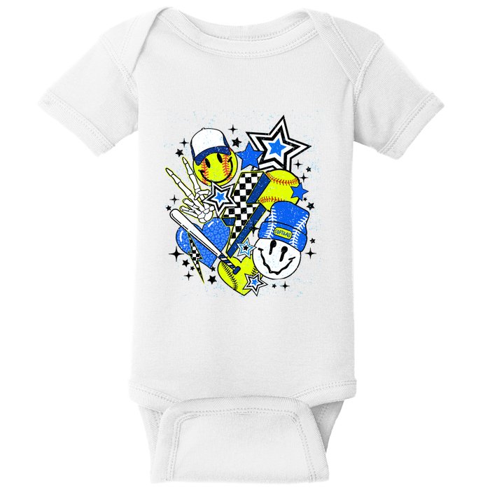 Retro Softball Vibes Funny Softball Smile Face Meme Baby Bodysuit
