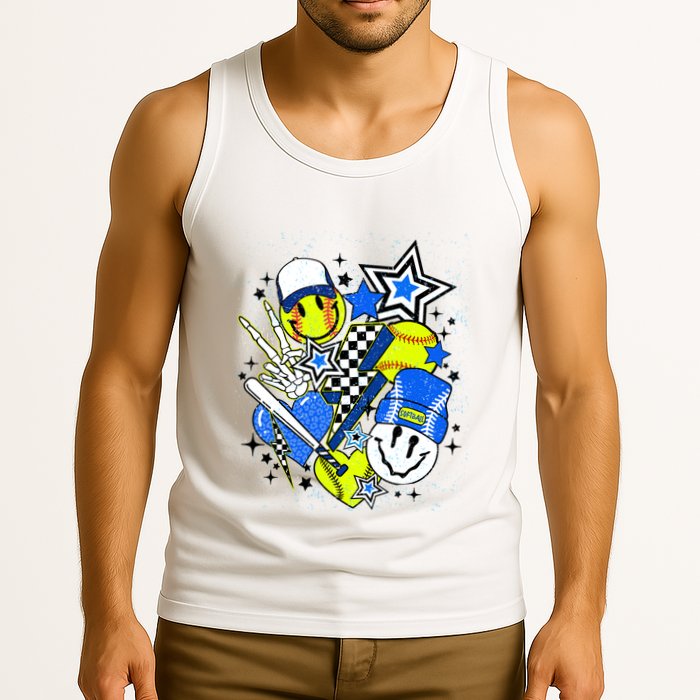 Retro Softball Vibes Funny Softball Smile Face Meme Tank Top