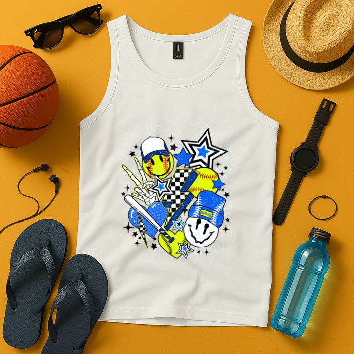 Retro Softball Vibes Funny Softball Smile Face Meme Tank Top